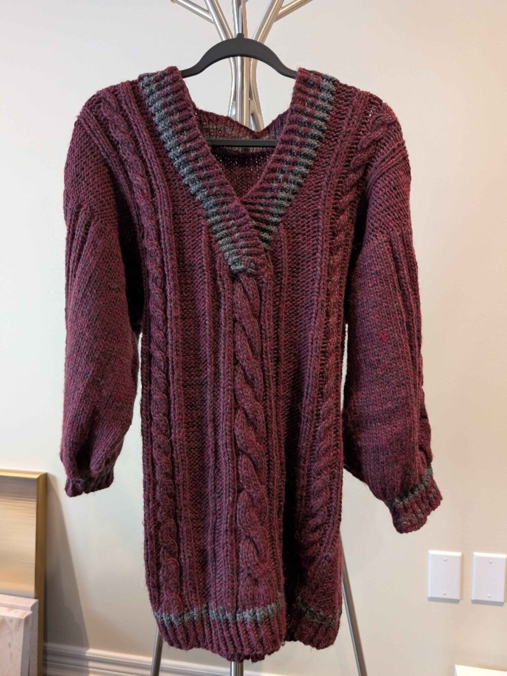 Handmade Wool blend Burgundy/Grey V-neck Sweater Dress Balloon Sleeves